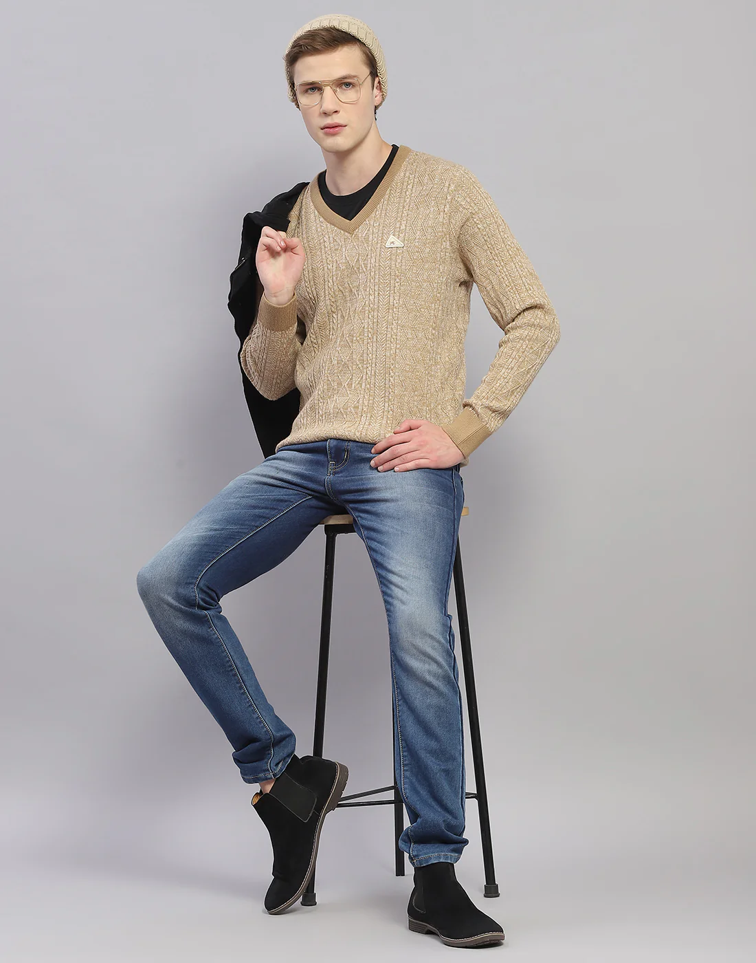 Men Camel Brown Solid V Neck Full Sleeve Pullover - Image 3