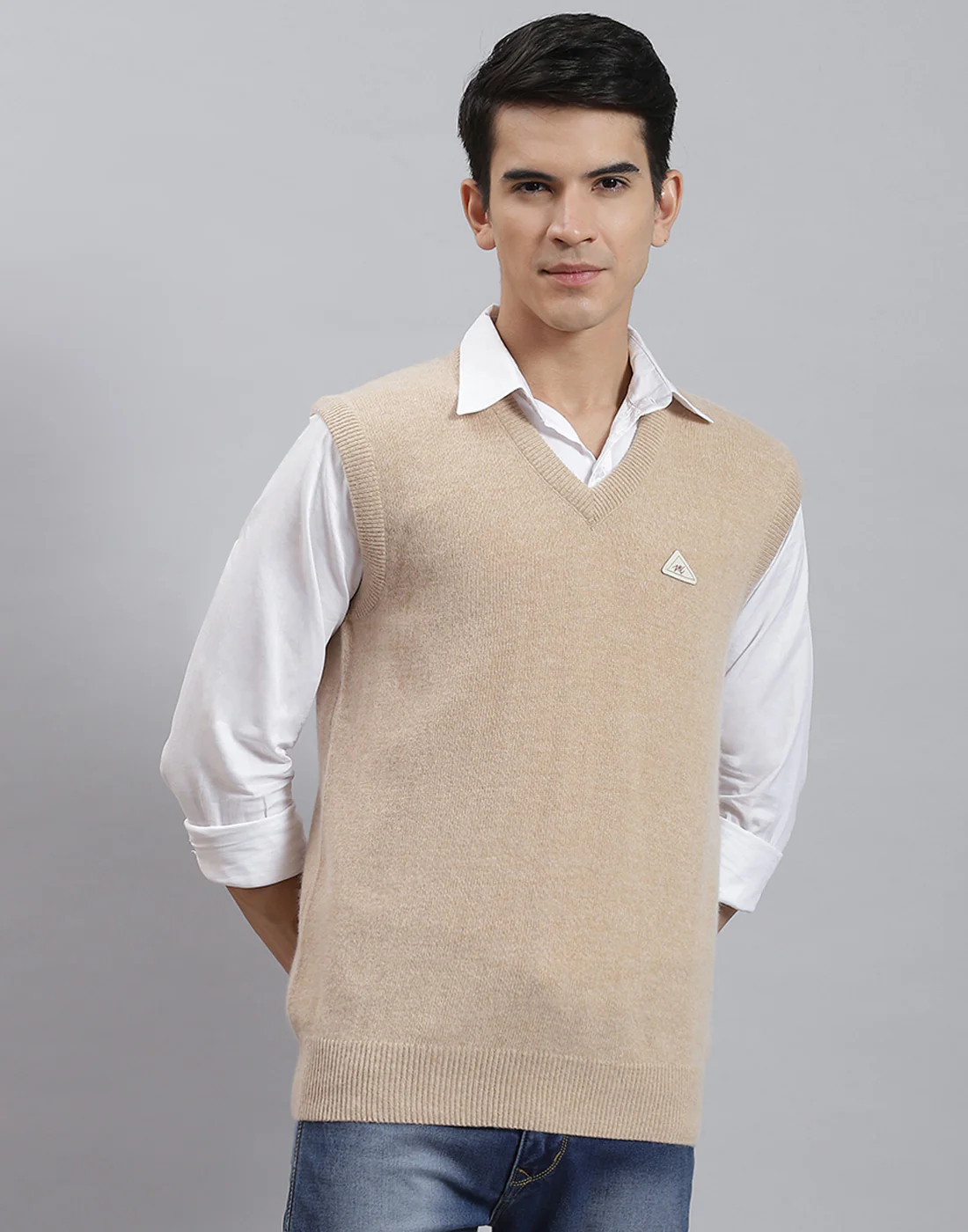 Men Camel Brown Solid V Neck Sleeveless Sweater - Image 3