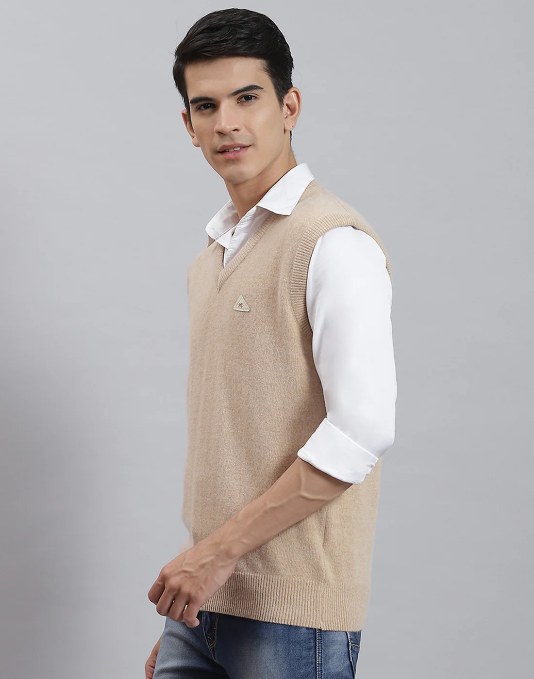 Men Camel Brown Solid V Neck Sleeveless Sweater - Image 4