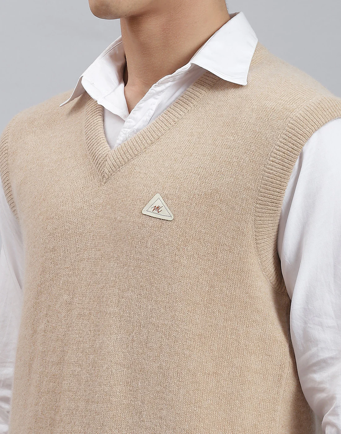 Men Camel Brown Solid V Neck Sleeveless Sweater - Image 6