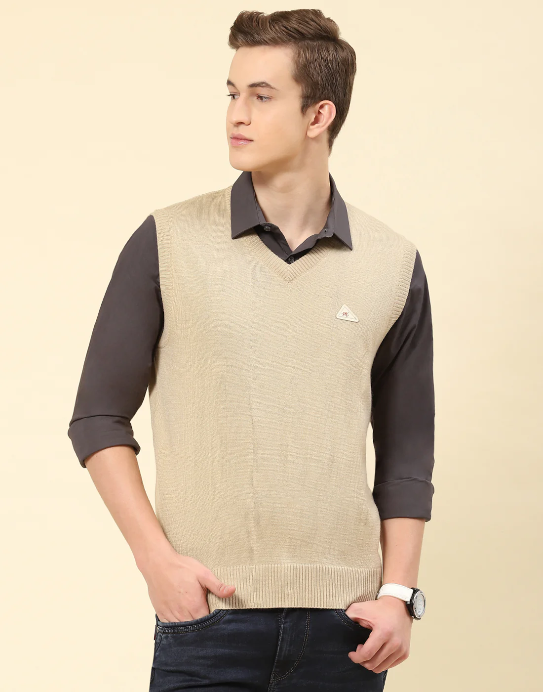 Men Camel Brown Solid V Neck Sleeveless Sweater - Image 3