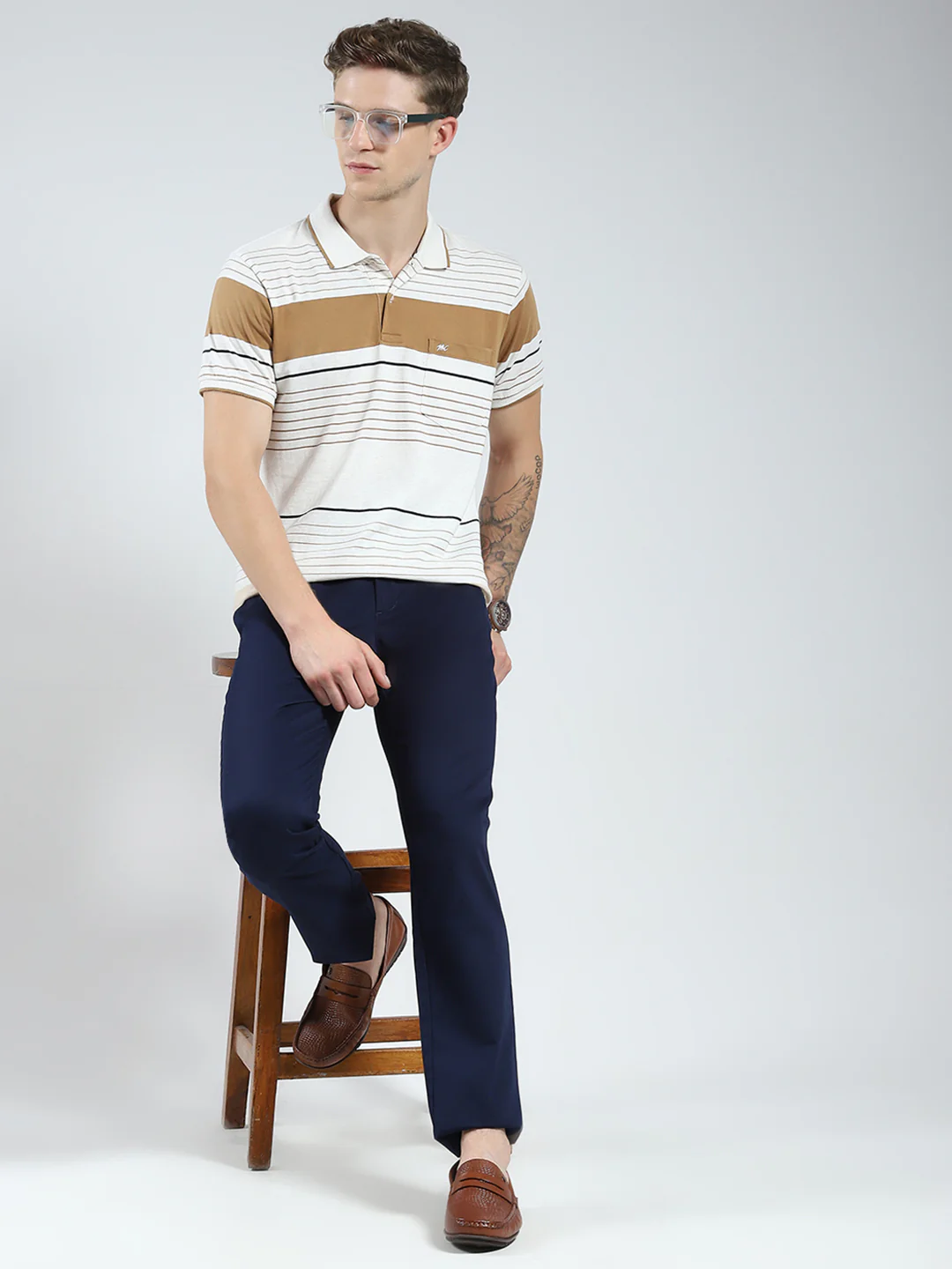 Men Camel Brown Stripe Collar Half Sleeve T-Shirt - Image 2