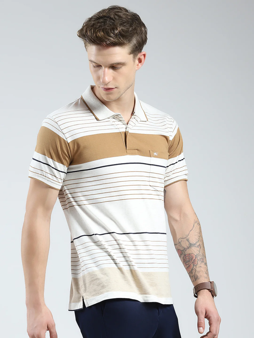 Men Camel Brown Stripe Collar Half Sleeve T-Shirt - Image 4