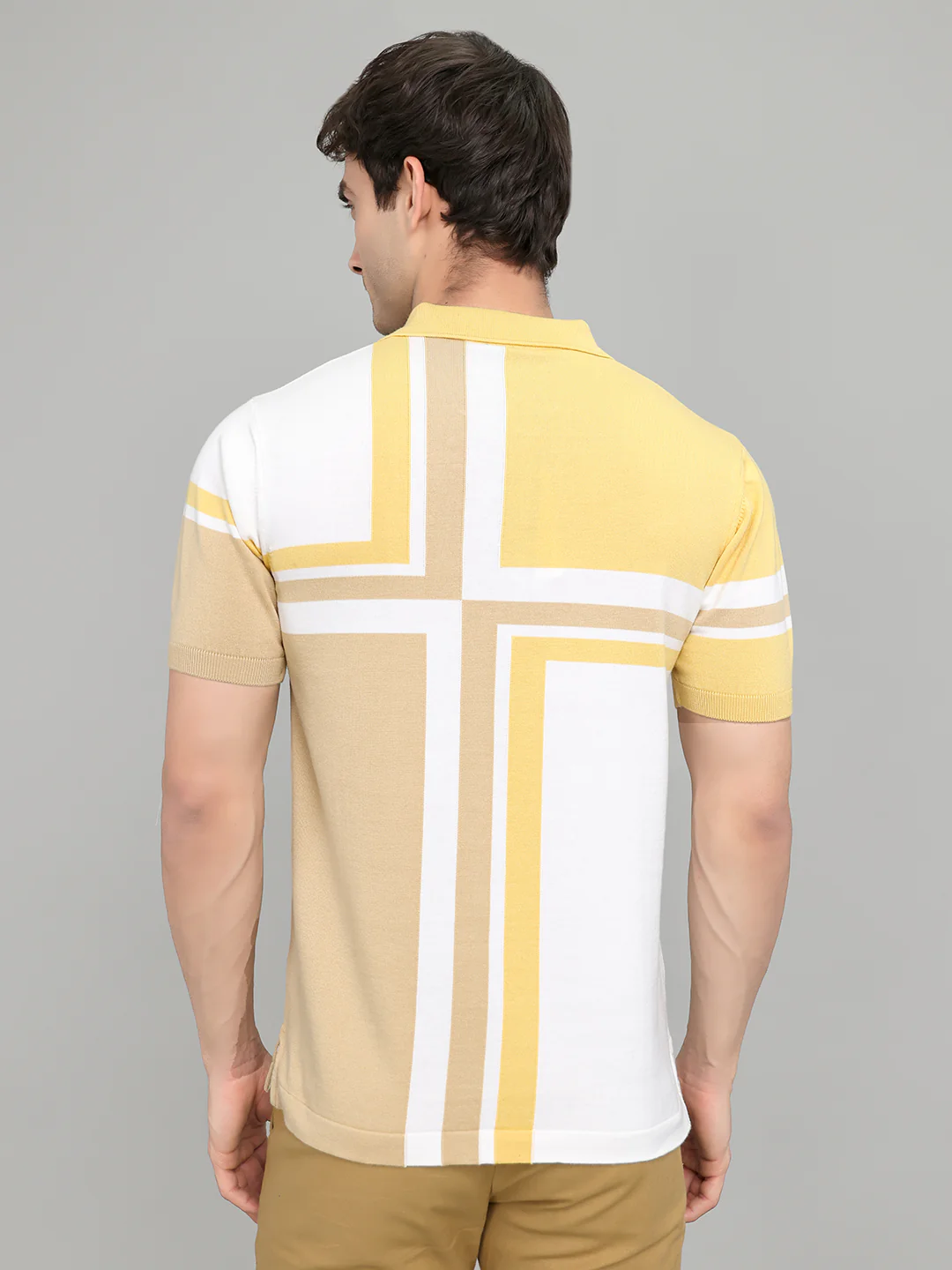 Men Camel Brown Stripe Collar Half Sleeve T-Shirt - Image 4