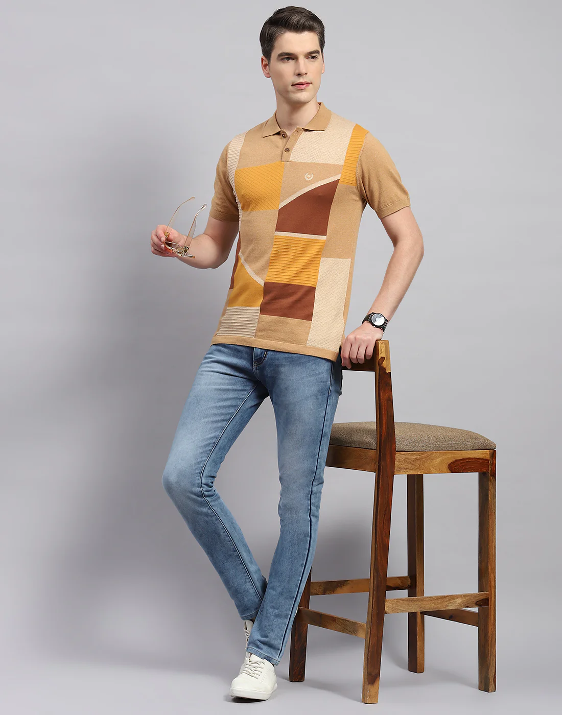 Men Camel Brown Stripe Polo Collar Half Sleeve T-Shirt - Image 2