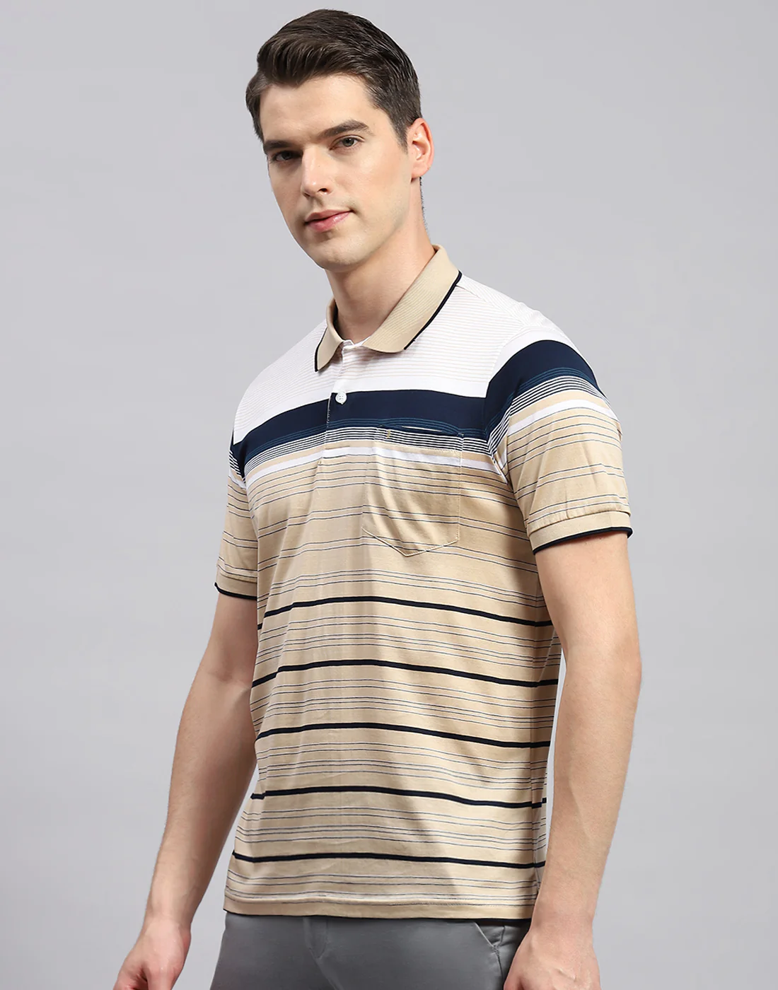 Men Camel Brown Stripe Polo Collar Half Sleeve T-Shirt - Image 3