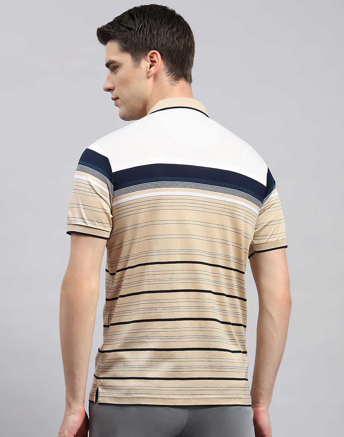Men Camel Brown Stripe Polo Collar Half Sleeve T-Shirt - Image 5
