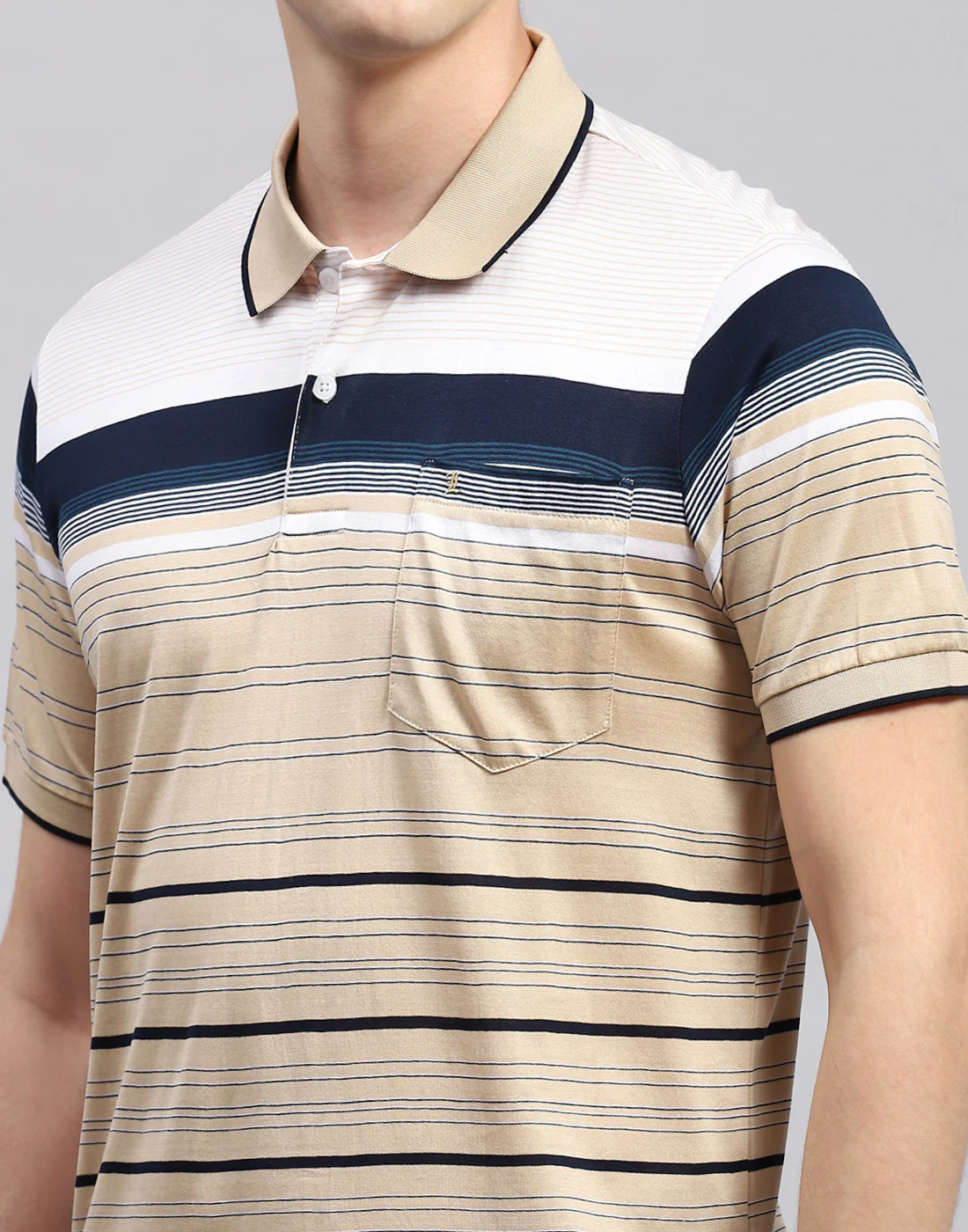 Men Camel Brown Stripe Polo Collar Half Sleeve T-Shirt - Image 6