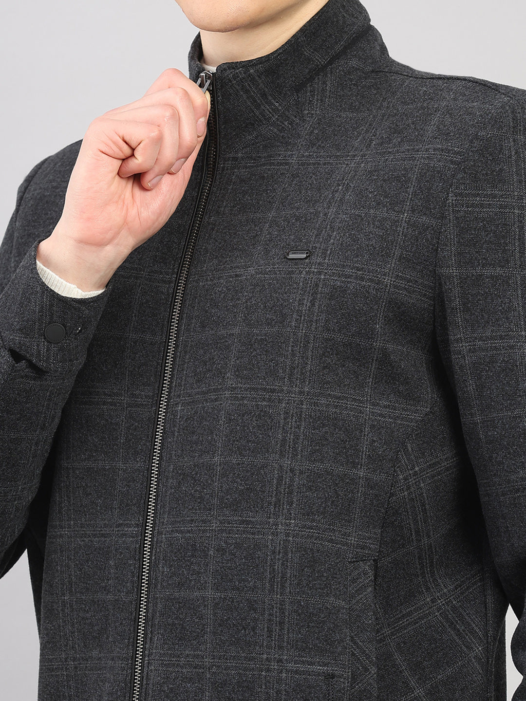 Men Charcoal Check Stand Collar Full Sleeve Jacket - Image 6