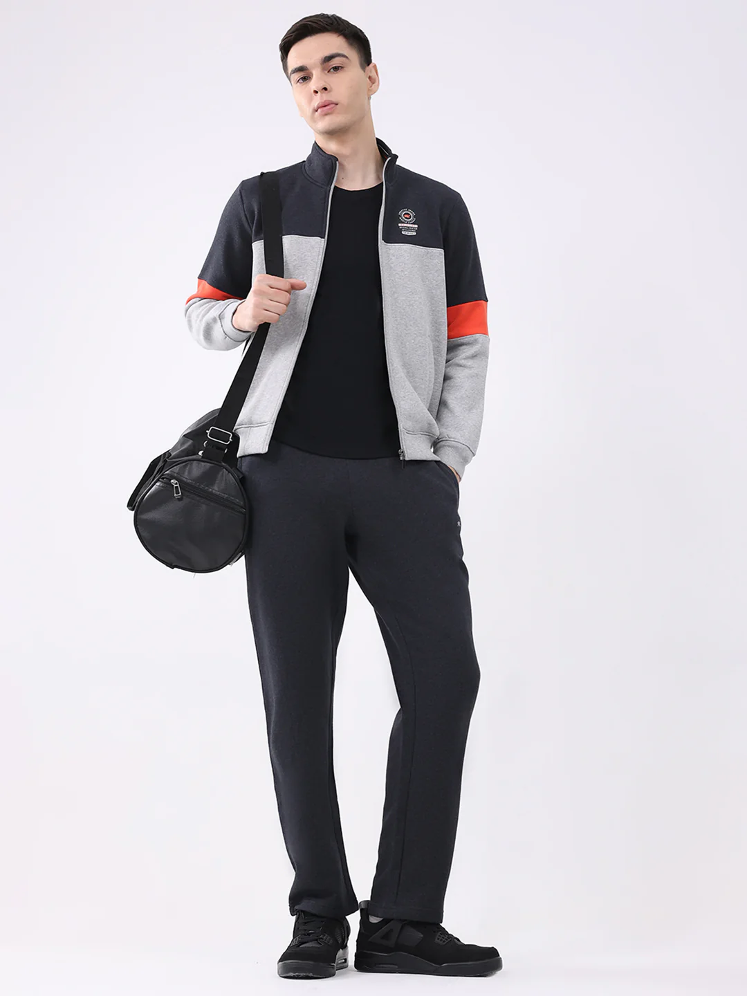 Men Charcoal Printed Collar Full Sleeve Winter Tracksuit - Image 2