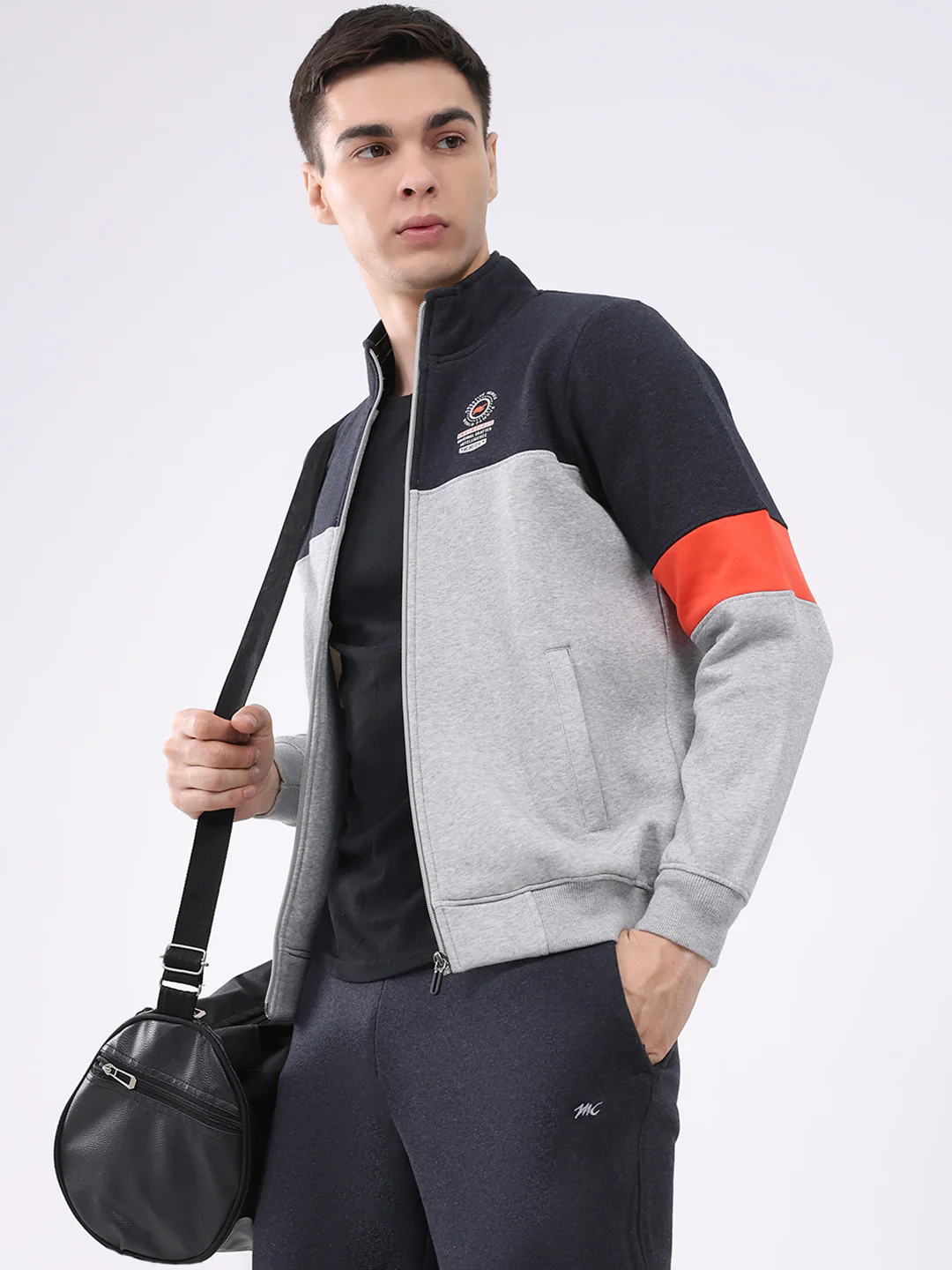 Men Charcoal Printed Collar Full Sleeve Winter Tracksuit - Image 6