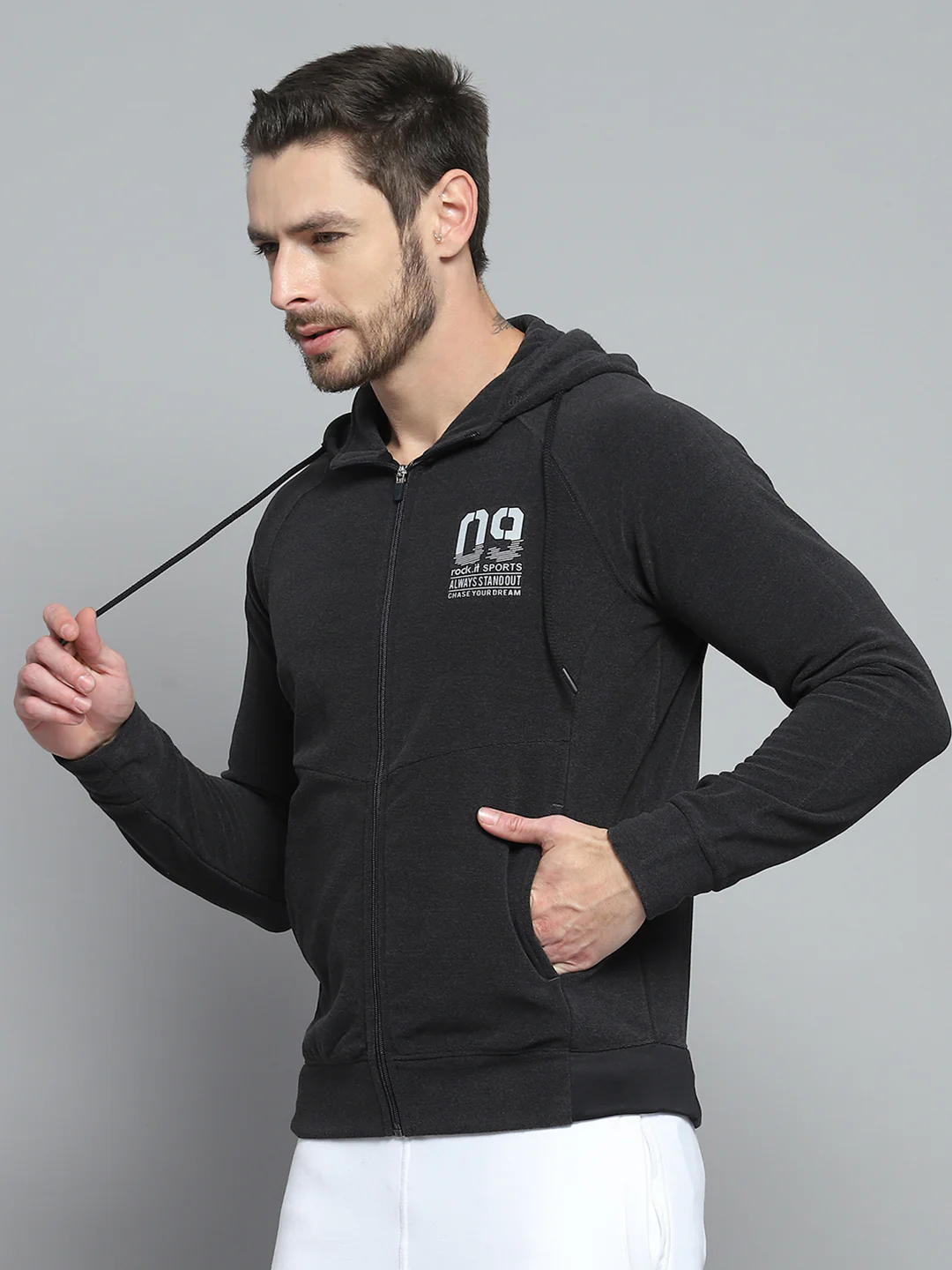 Rock.it Men Charcoal Printed Hooded Full Sleeve Sweatshirt - Image 3
