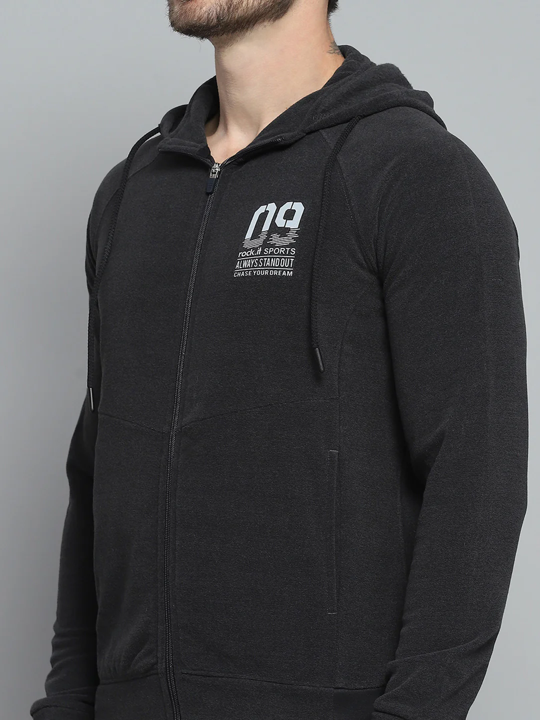 Rock.it Men Charcoal Printed Hooded Full Sleeve Sweatshirt - Image 7