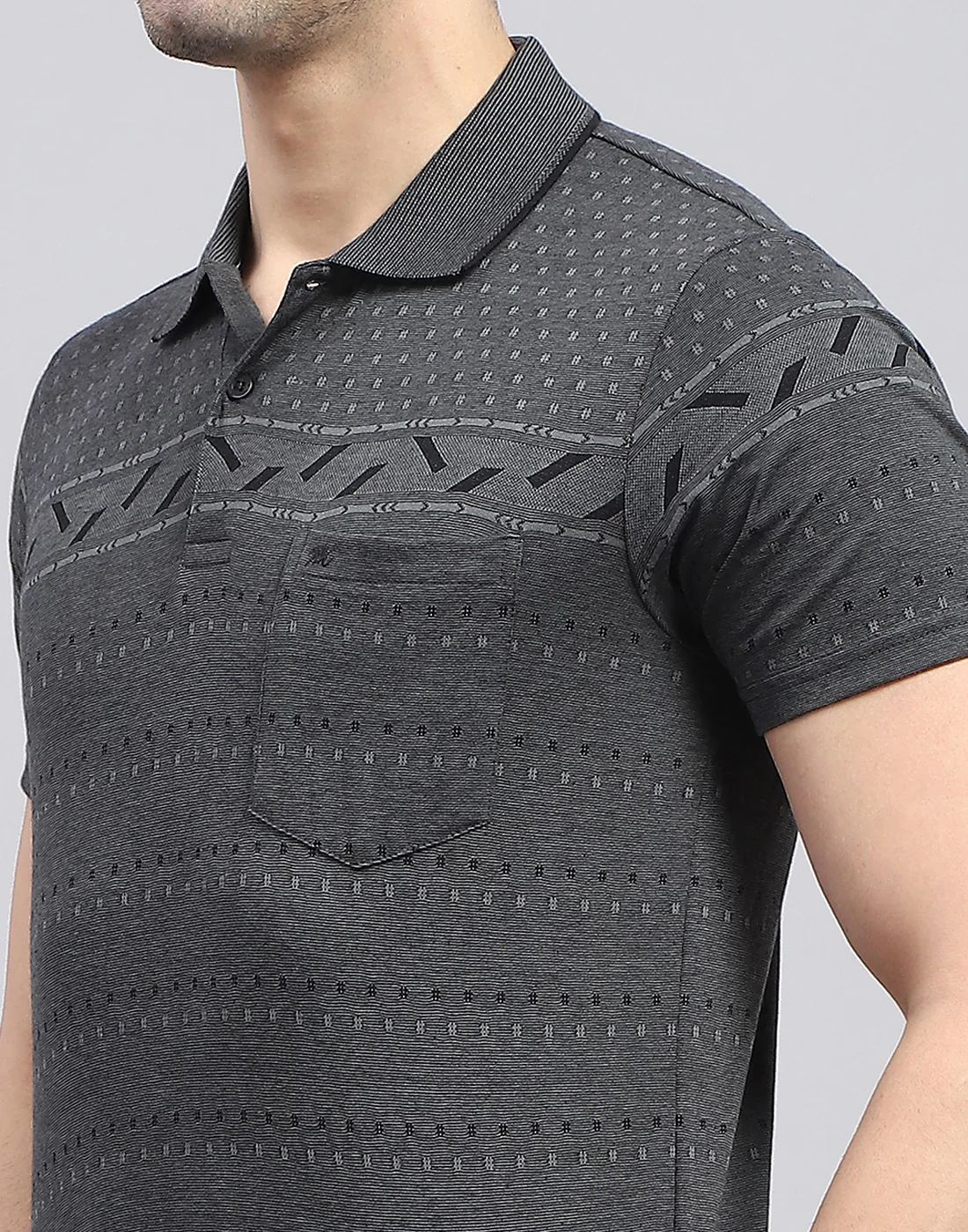 Men Charcoal Printed Polo Collar Half Sleeve T-Shirt - Image 7
