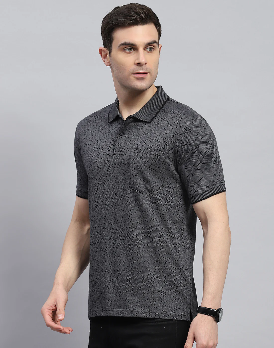 Men Charcoal Printed Polo Collar Half Sleeve T-Shirt - Image 4
