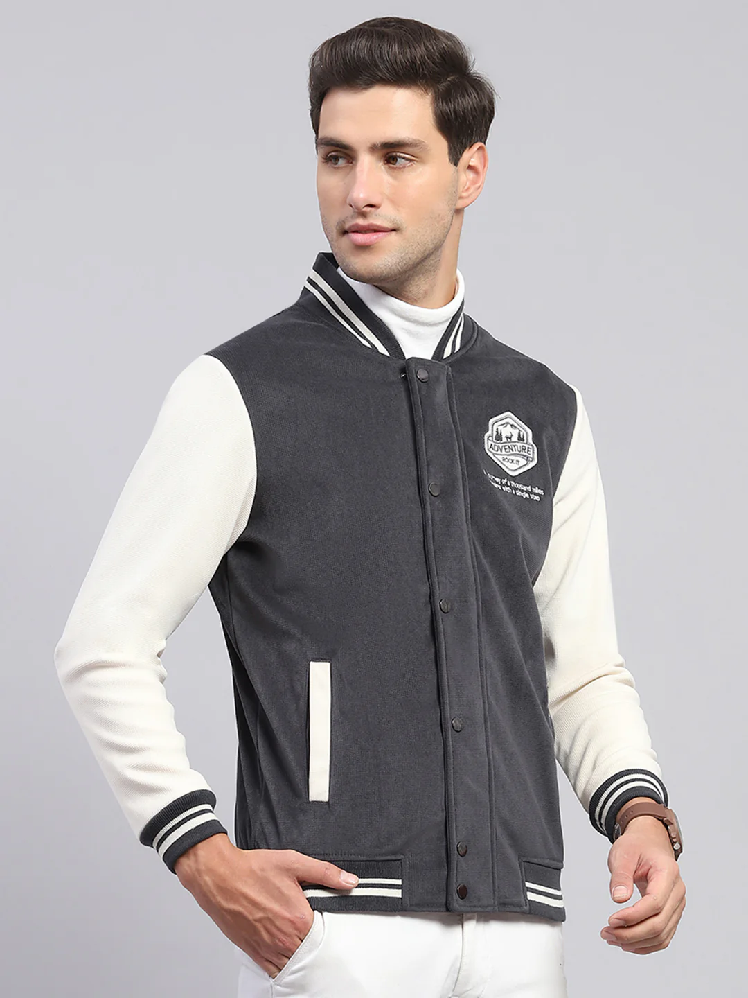 Rock.it Men Charcoal Self Design Band Collar Full Sleeve Sweatshirt - Image 4