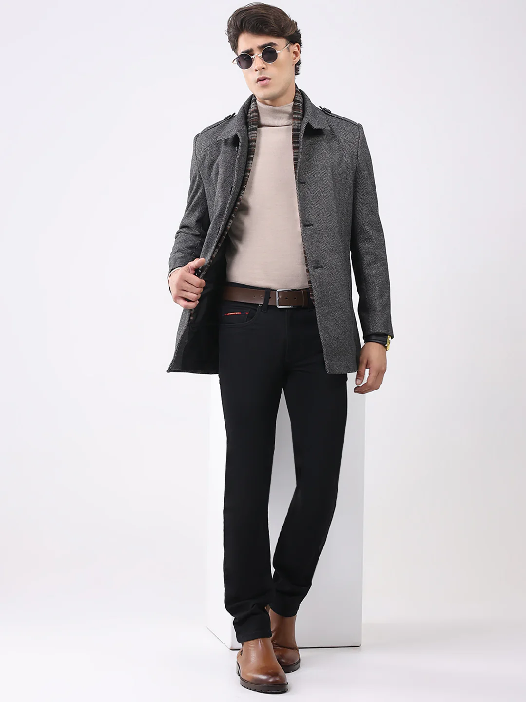 Men Charcoal Self Design Collar Full Sleeve Coat - Image 2