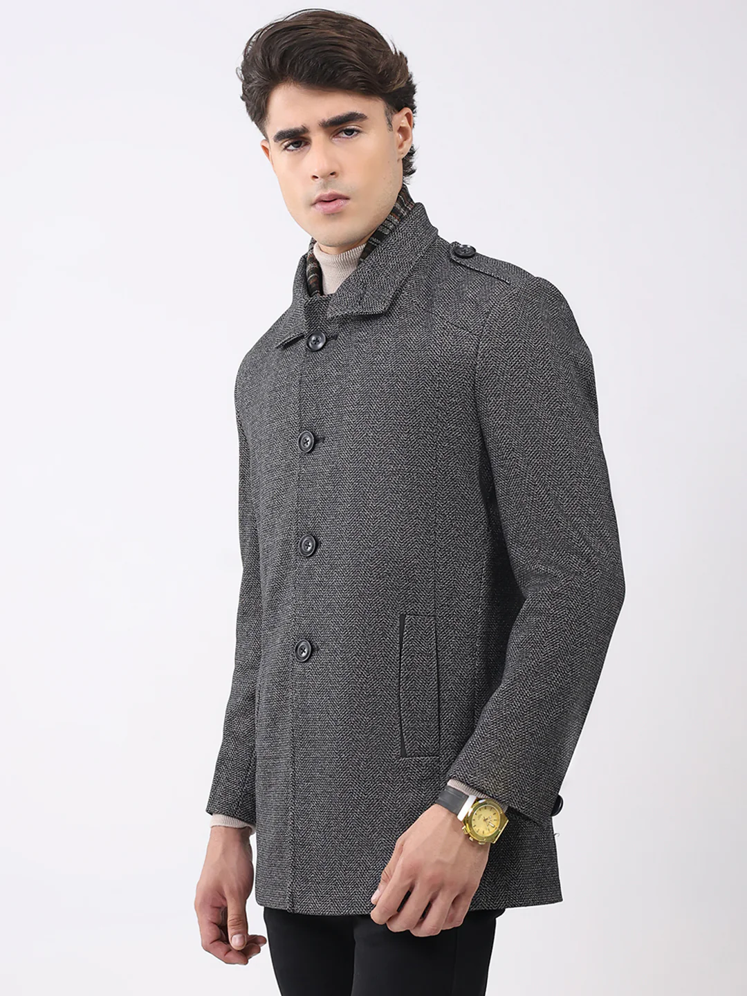 Men Charcoal Self Design Collar Full Sleeve Coat - Image 3