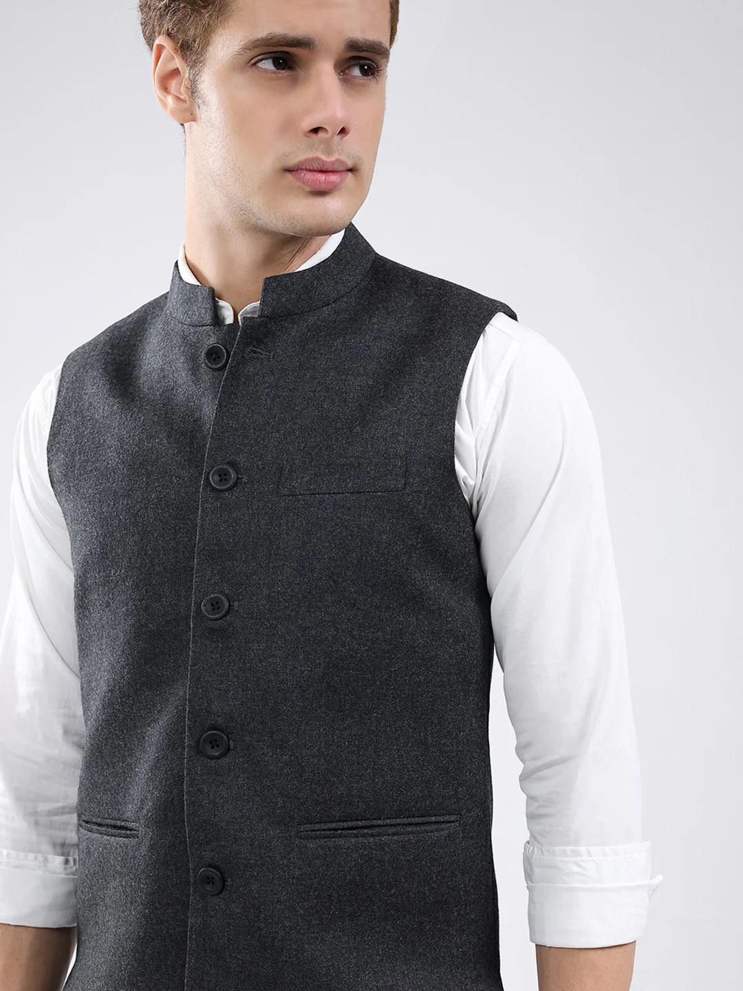 Men Charcoal Solid Band Neck Sleeveless Jacket - Image 6