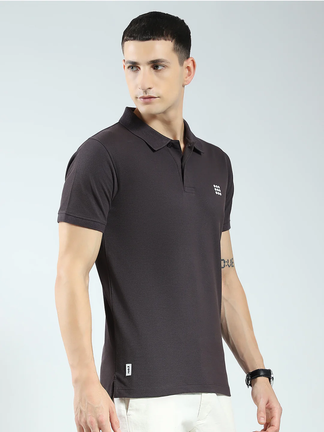 Rock.it Men Charcoal Solid Collar Half Sleeve T-Shirt - Image 4