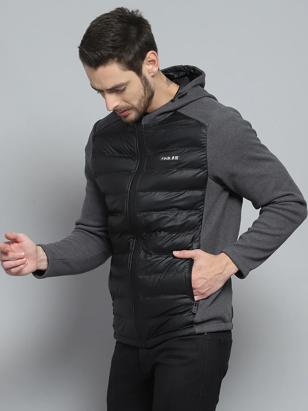 Rock.it Men Charcoal Solid Hooded Full Sleeve Jacket - Image 3