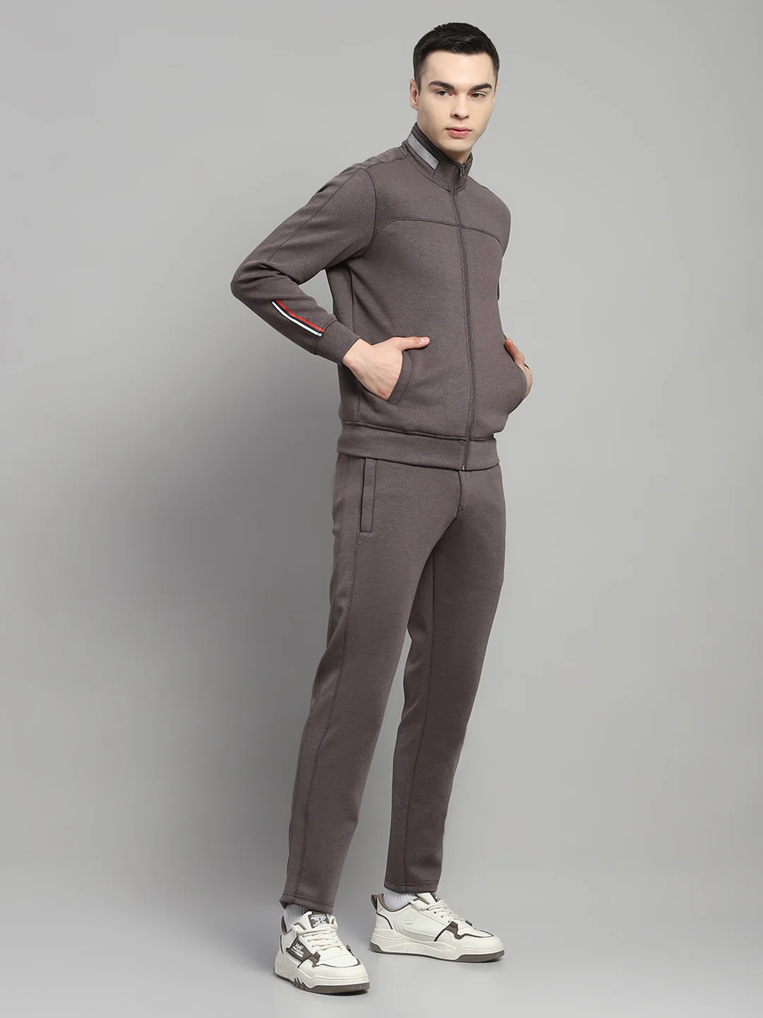 Men Charcoal Solid Mock Neck Full Sleeve Winter Tracksuit - Image 4