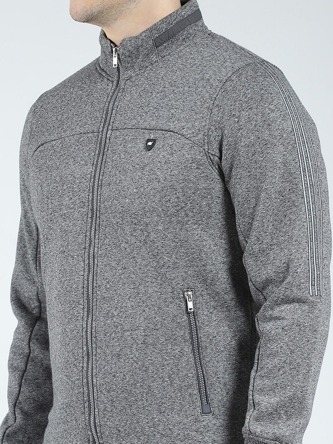 Men Charcoal Solid Mock Neck Full Sleeve Winter Tracksuit - Image 7