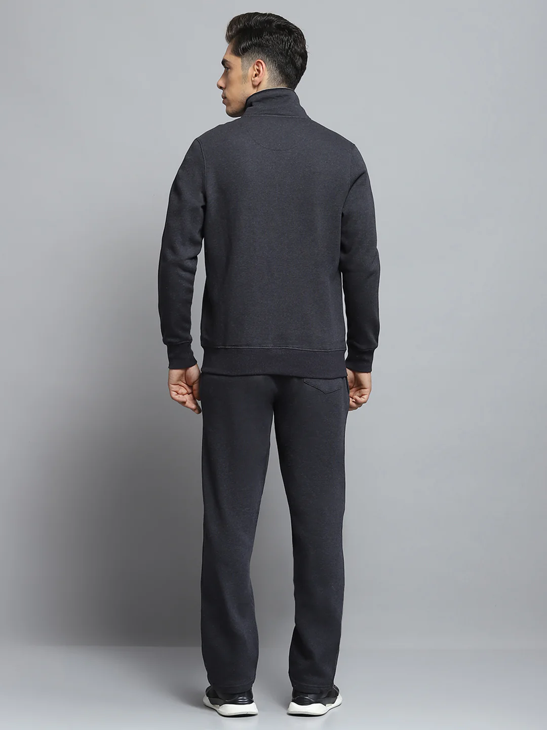 Men Charcoal Solid Mock Neck Full Sleeve Winter Tracksuit - Image 5