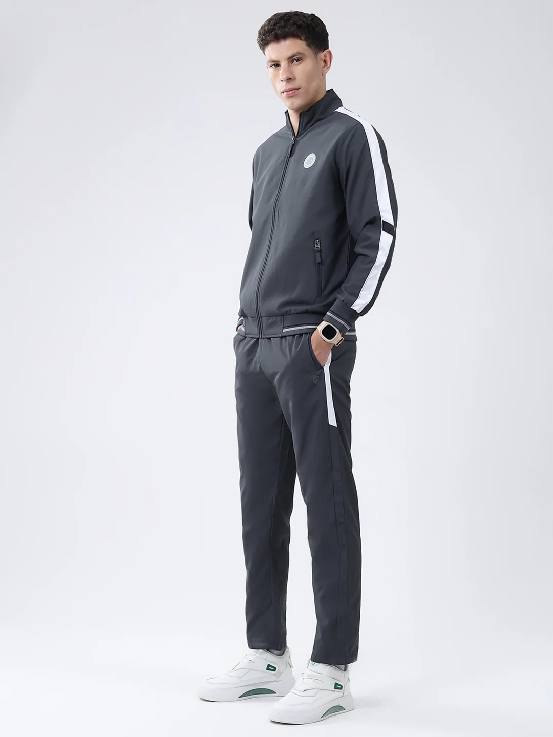 Men Charcoal Solid Mock Neck Full Sleeve Winter Tracksuit - Image 3