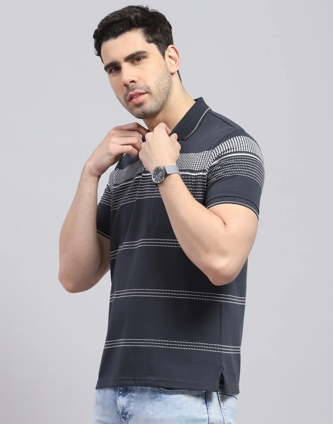 Men Charcoal Stripe Polo Collar Half Sleeve T-Shirt - Image 3