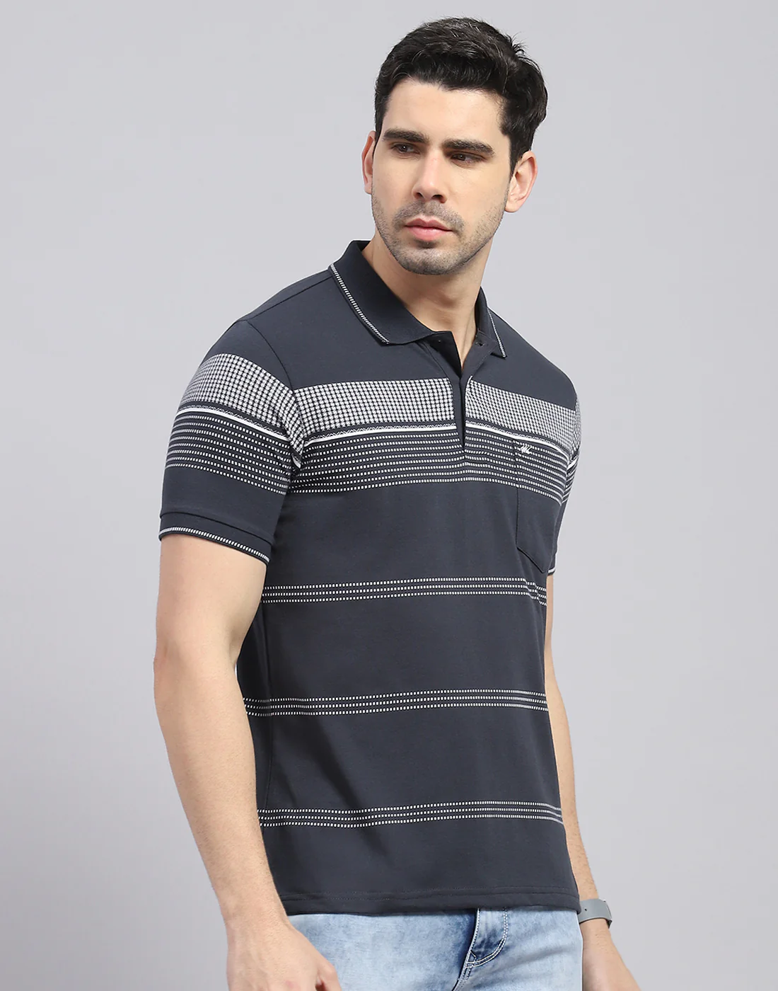 Men Charcoal Stripe Polo Collar Half Sleeve T-Shirt - Image 4