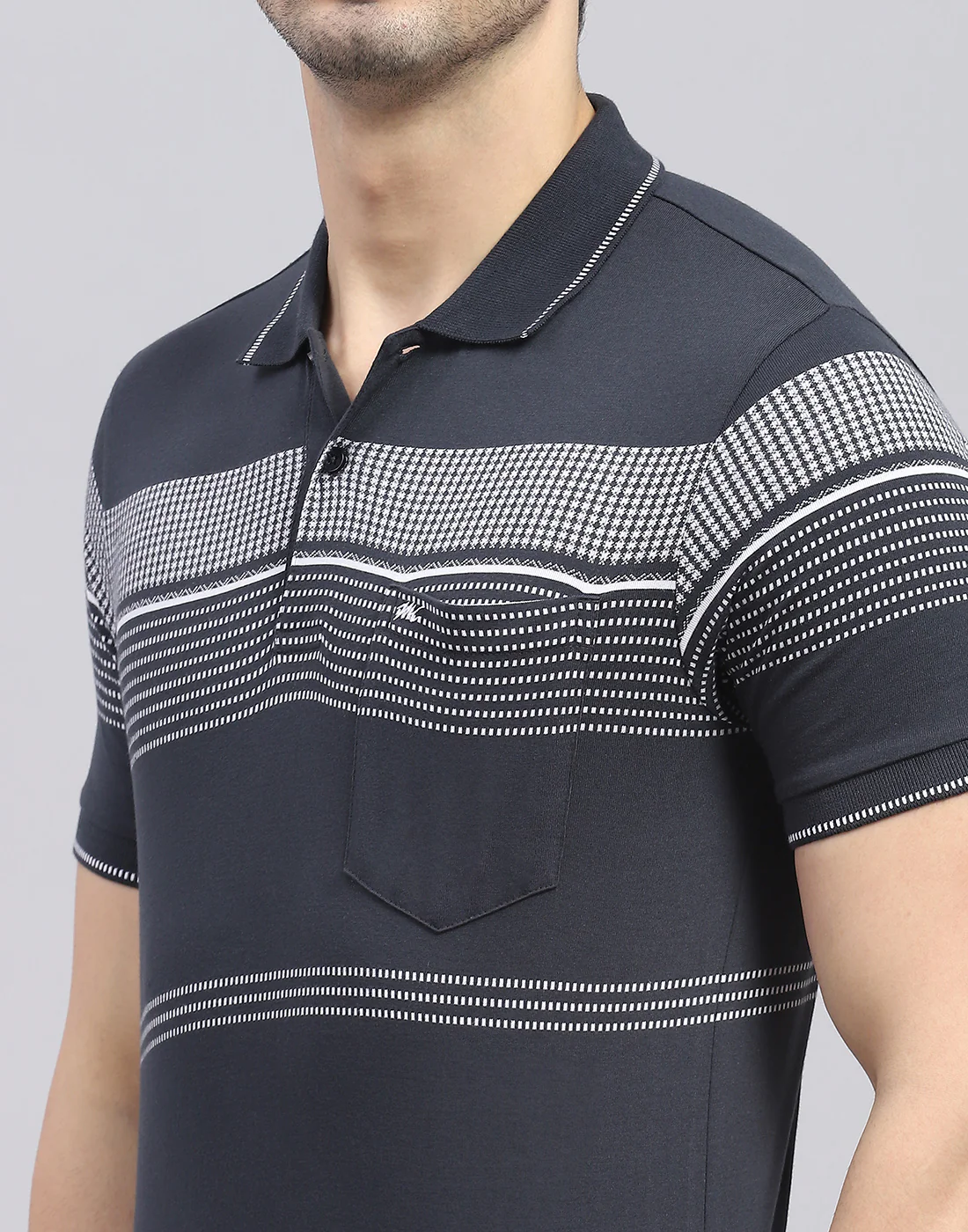 Men Charcoal Stripe Polo Collar Half Sleeve T-Shirt - Image 6