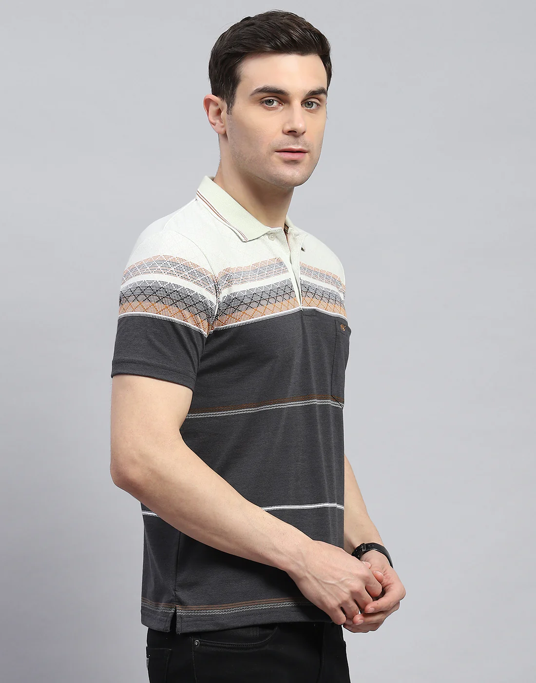 Men Charcoal Stripe Polo Collar Half Sleeve T-Shirt - Image 5