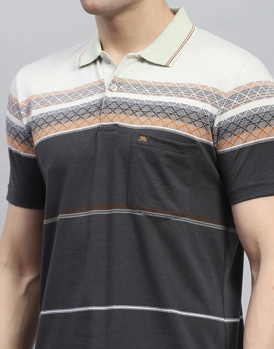 Men Charcoal Stripe Polo Collar Half Sleeve T-Shirt - Image 7