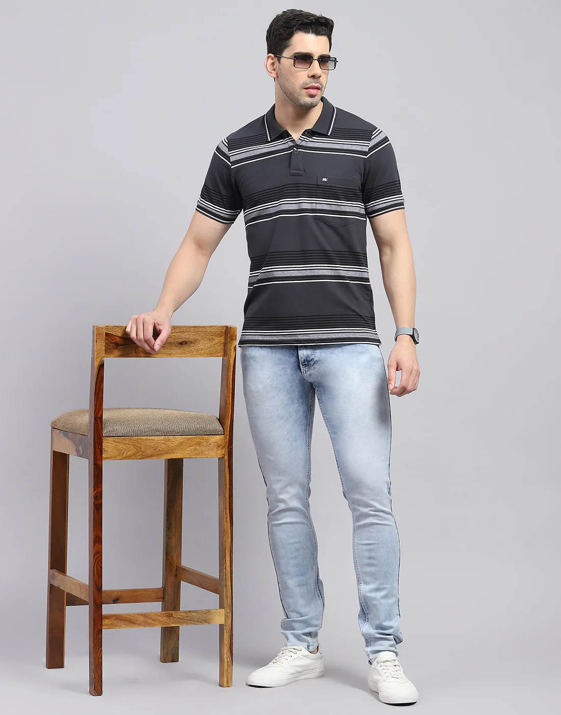 Men Charcoal Stripe Polo Collar Half Sleeve T-Shirt - Image 2