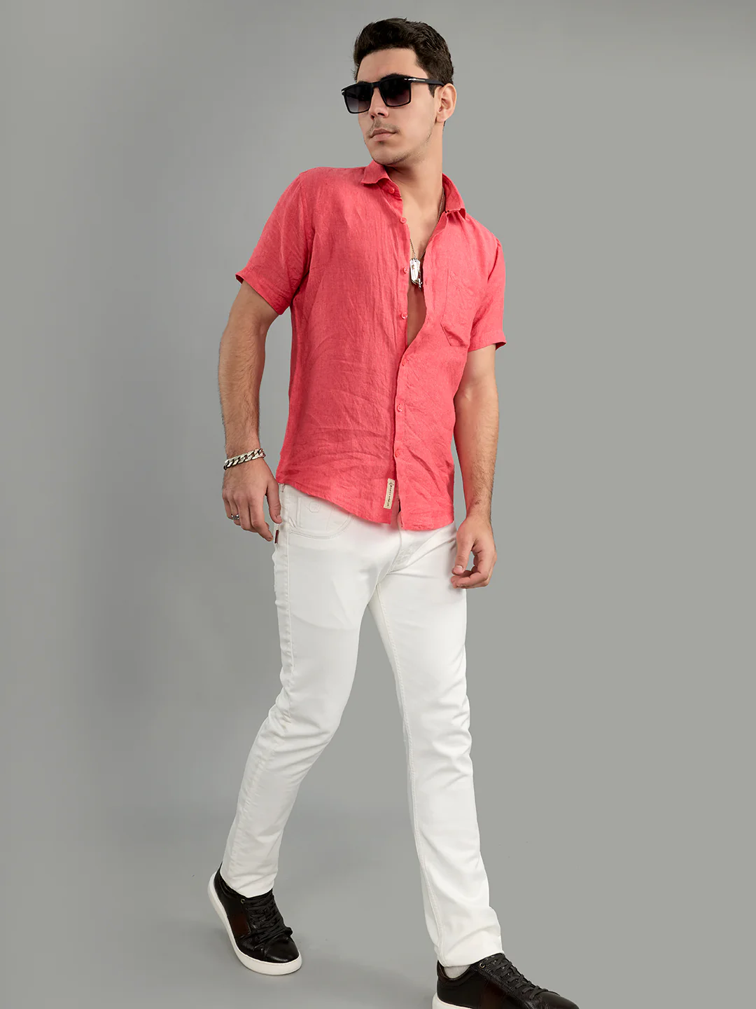 Men Coral Solid Collar Half Sleeve Shirt - Image 6