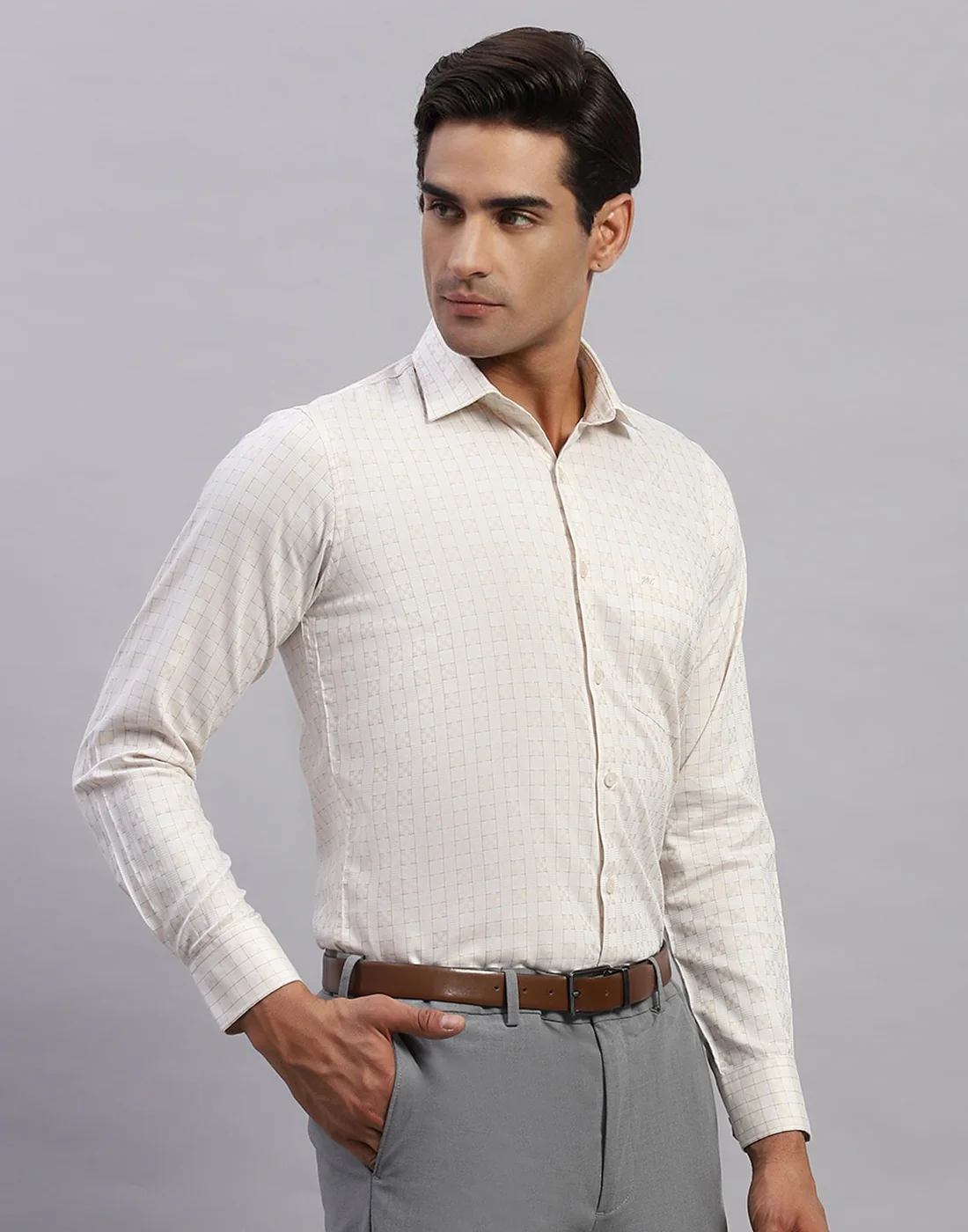 Men Cream Check Collar Full Sleeve Shirt - Image 4