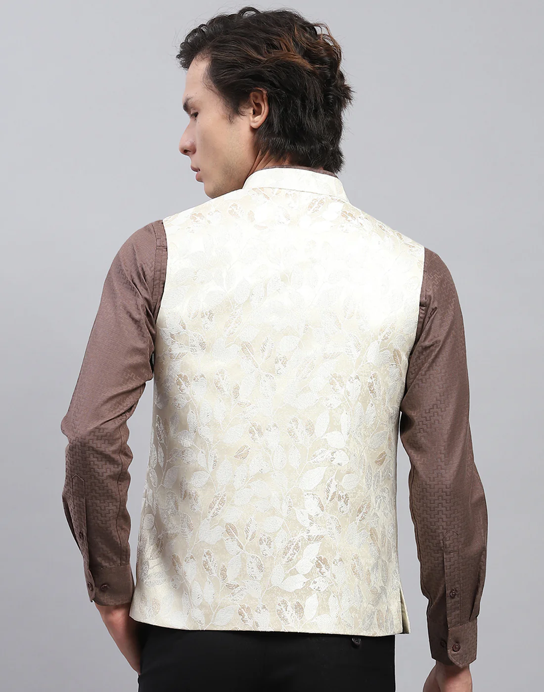 Men Cream Floral Print Band Collar Sleeveless Nehru Jacket - Image 5