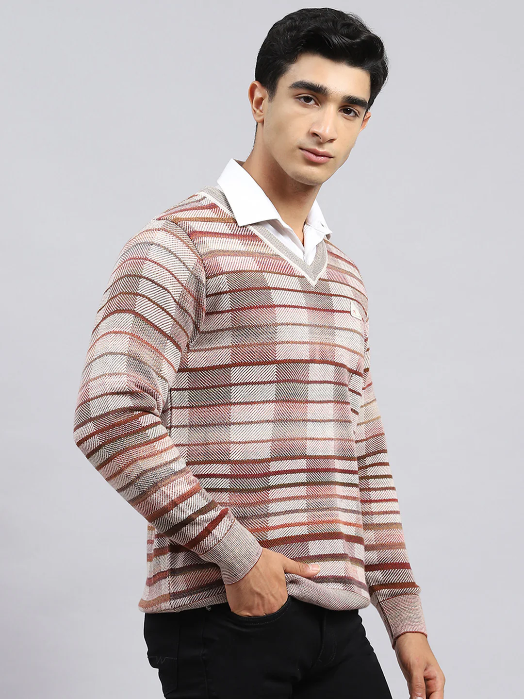 Men Cream Jaquard Pullover - Image 3