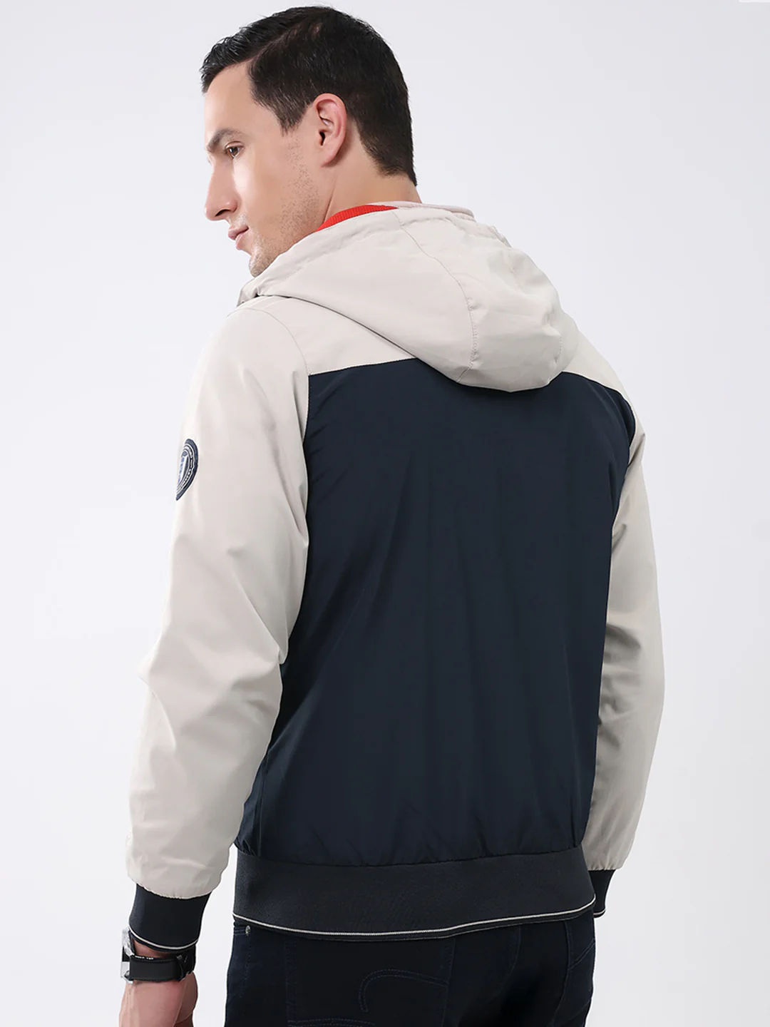 Men Cream & Navy Blue Solid Detachable Hood Full Sleeve Jacket - Image 5