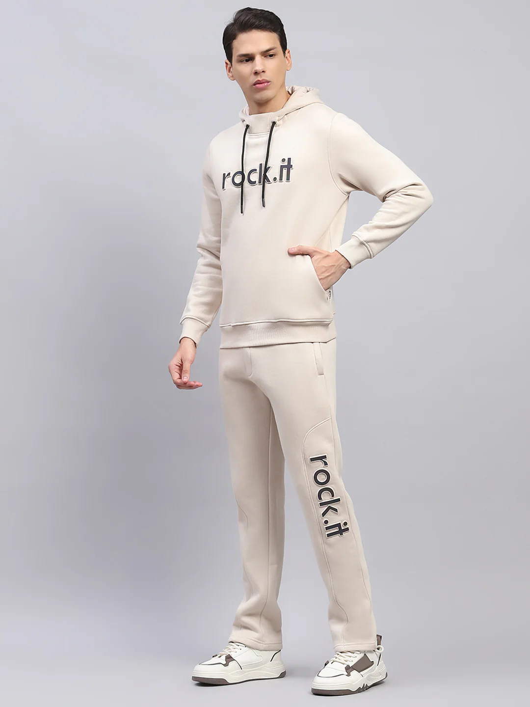 Rock.it Men Cream Printed Hooded Full Sleeve Winter Tracksuit - Image 3