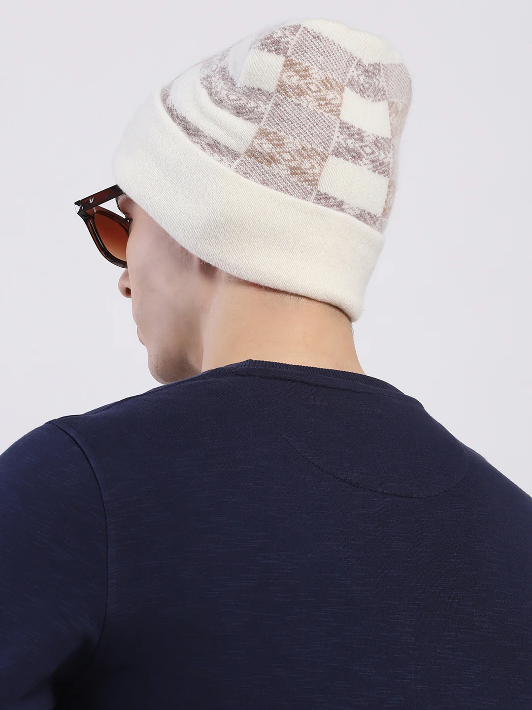 Men Cream Self Design Angoora Cap - Image 5