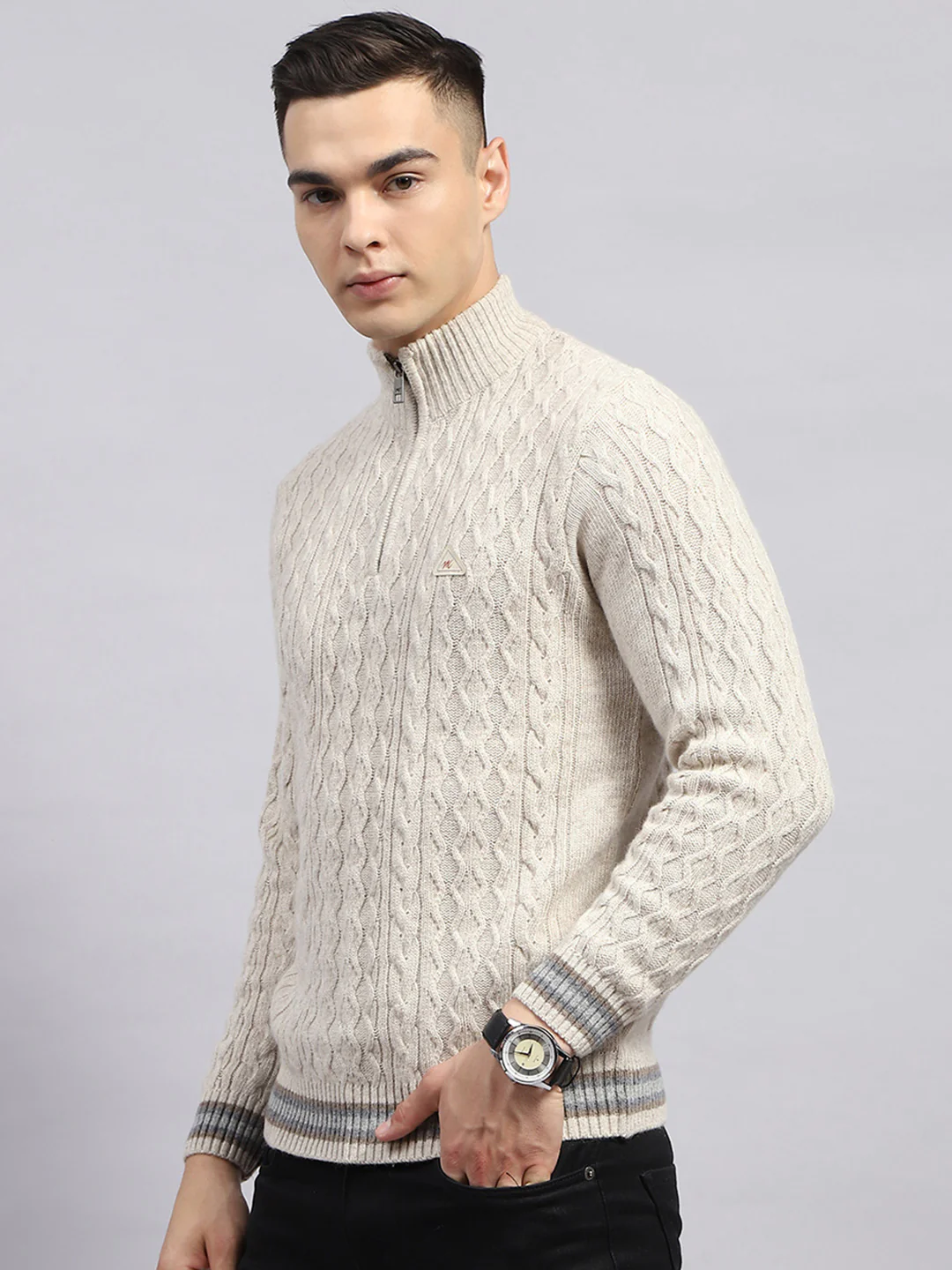 Men Cream Self Design High Neck Full Sleeve Pullover - Image 3