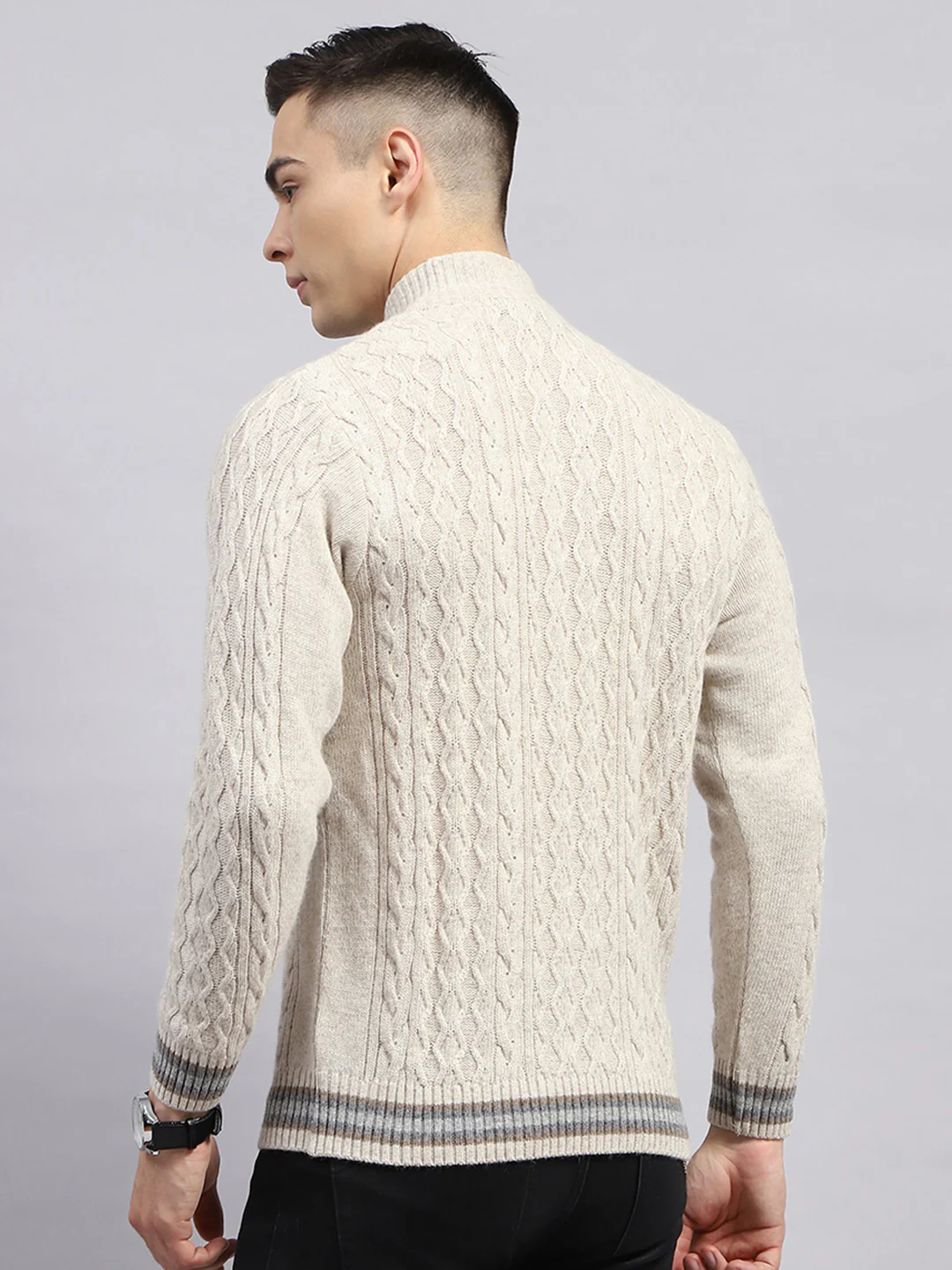 Men Cream Self Design High Neck Full Sleeve Pullover - Image 5