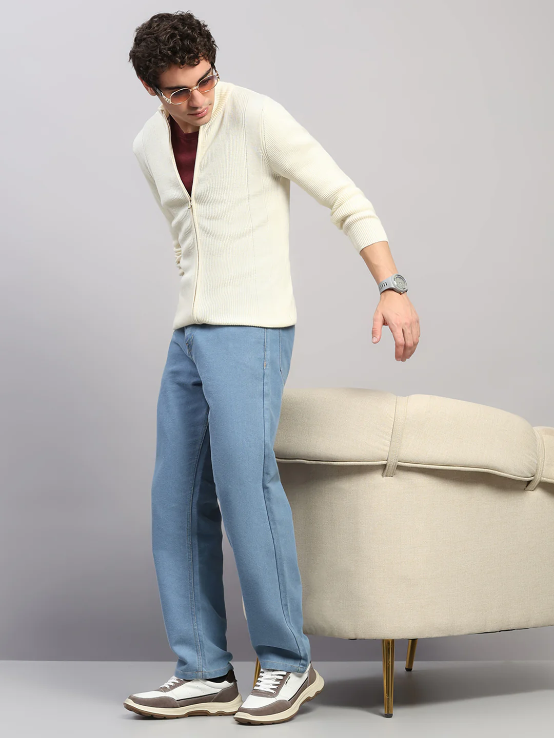 Luxuria Men Cream Self Design Round Neck Full Sleeve Pullover - Image 2