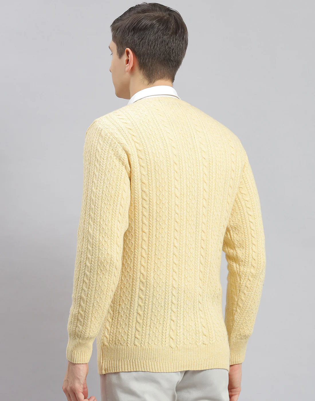 Men Cream Self Design V Neck Full Sleeve Pullover - Image 5
