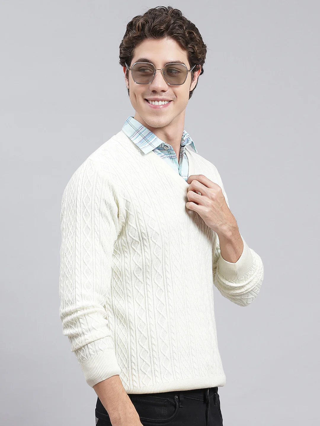 Men Cream Self Design Wool blend Pullover - Image 2