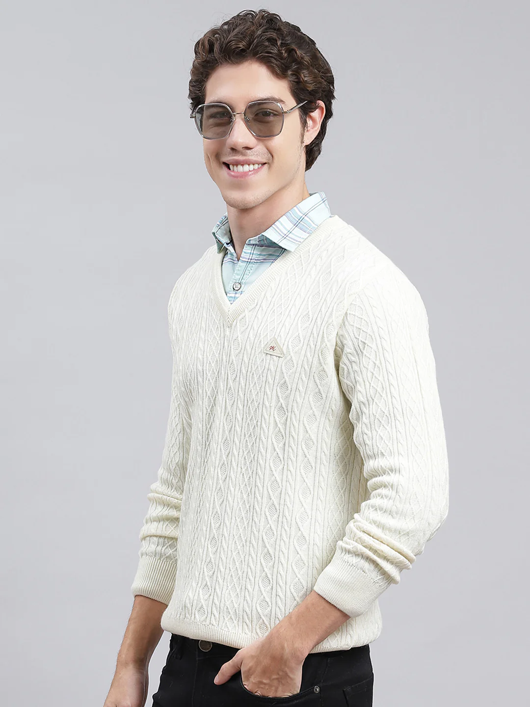 Men Cream Self Design Wool blend Pullover - Image 3
