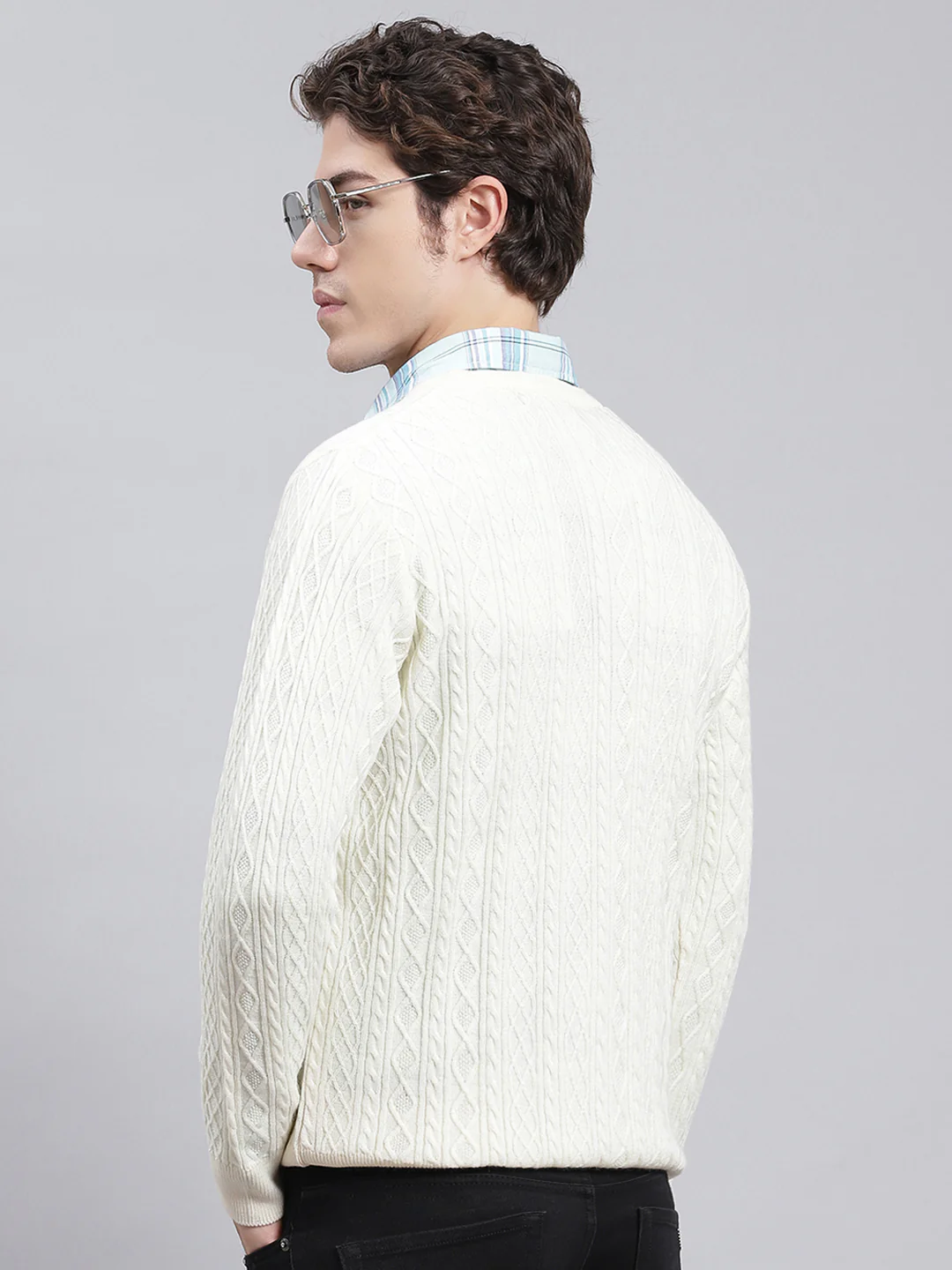 Men Cream Self Design Wool blend Pullover - Image 4