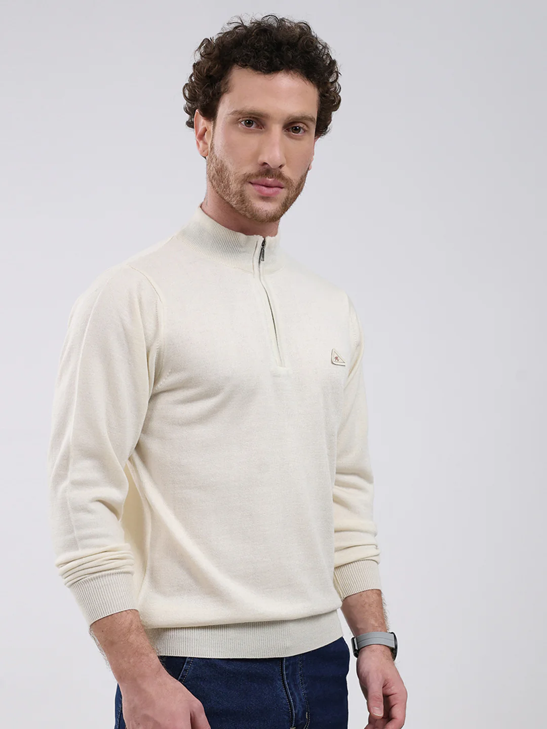Men Cream Solid Mock Neck Full Sleeve Pullover - Image 4